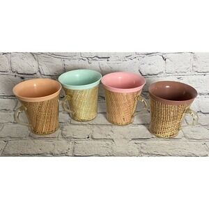 4 Vintage Raffia Burlap Insulated Melmac Mugs Cups Retro MCM Multicolor